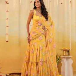 Binfinite Yellow Satin Tailored Draped Saree With Blouse-image-10