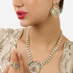 Zaveri Pearls Multicolor Stones Traditional Necklace Earring & Ring Set-ZPFK17605-95