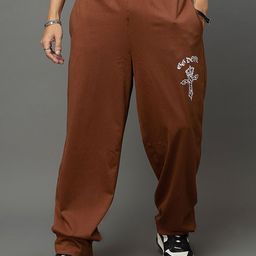 GO DEVIL Men Brown Gothic Cross Printed Joggers Trousers-image-2