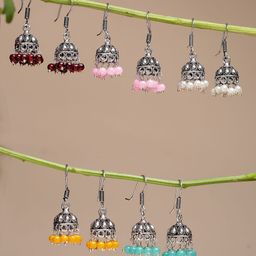 NVR Women Pair of 5 Oxidised Silver Plated Multicolor Artificial Beads Jhumka Earrings-5
