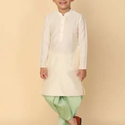 KISAH Off White & Green Solid Full Sleeves Kurta with Dhoti-image-77