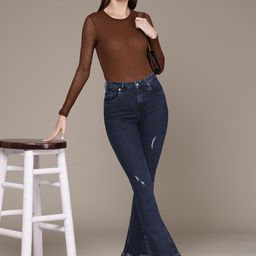 bebe Women Denim Daze Flared High-Rise Low Distress Fringed Stretchable Jeans-image-89