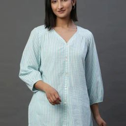 Aurelia Blue Cotton Striped Straight Short Kurti-picture-29