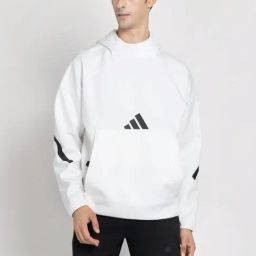 Adidas White Loose Fit Logo Printed Hooded Sweatshirt-image-28
