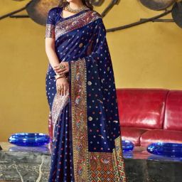 Satrani Navy Woven Saree With Unstitched Blouse-image-28