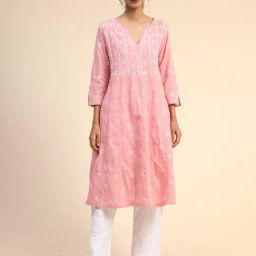 House Of Kari Noor Chikankari Hand embroidery Anarkali Dress in Cotton Pink-image-20