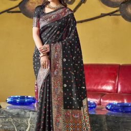 Satrani Black Woven Saree With Unstitched Blouse-image-30
