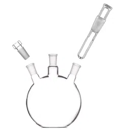 ABGIL 5 L Boiling Flask Flat Bottom Transparent 3 Neck with Thermometer Pocket and Interchangeable Stopper for Side Neck Joints, FB-306-13-10
