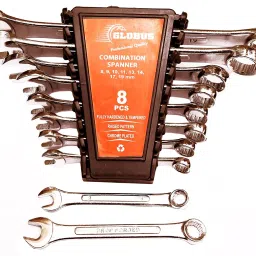 GLOBUS Combination Chrome Mirror Finish Steel Spanner In Plastic Rake Kit With Lock (8-19-38