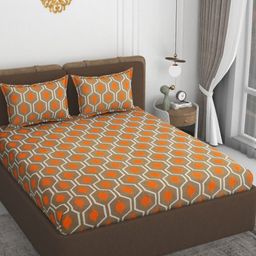 VOMZER Orange Geometric 210 TC King Bedsheet with 2 Pillow Covers-image-70