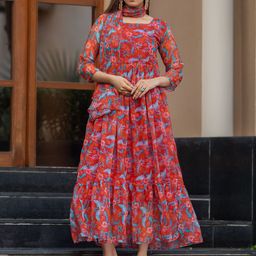Rujave Floral Print Applique Georgette Maxi Dress-picture-32