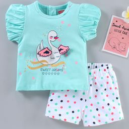 Babyoye Cotton Knit Puffed Half Sleeves Night Suit Multiprint - Blue-image-27