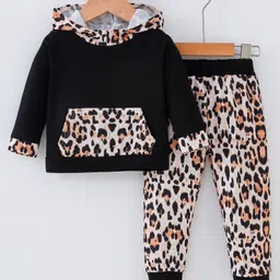 Kookie Kids Full Sleeves Winter Wear Hooded Sweatshirt & Lounge Pant Set Leopard Print - Black & Leopard-picture-18