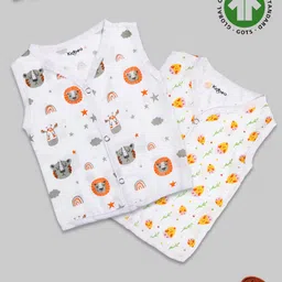 Kidbea 100 % Cotton Muslin Pack Of 2 Sleeveless Tiger & Cute Chick Assorted Print Jhablas - White-picture-39