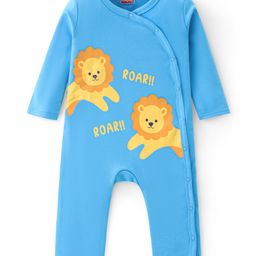 Babyhug 100% Cotton Knit Full Sleeves Romper With Lion Print - Blue-92