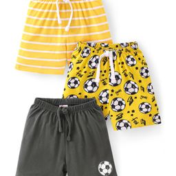 Babyhug Cotton Single Jersey Knit Shorts Stripes & Ball Print Pack Of 3 - Yellow & Black-image-18