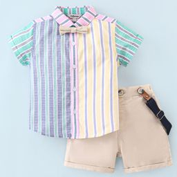 ToffyHouse 100% Woven Cotton Half Sleeves Yarn Dyed Striped Shirt & Shorts Set with Quirky Suspender & Bow Tie - Multicolour-picture-40