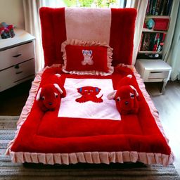 SAFE N CUTE Baby Sleeping 5 Items Bedding Set with Two puppies -Red peach-image-104