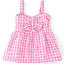 Babyhug Cotton Checked Sleeveless Woven Top With Bow Detailing - Pink-image-59
