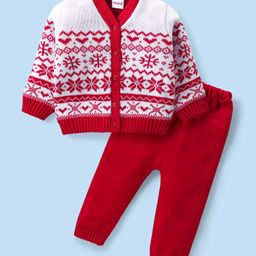 Babyhug Knit Full Sleeves Front Open Sweater & Pant Set Floral Design - Red-picture-10