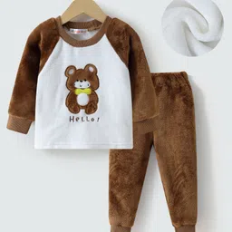 Kookie Kids Raglan Sleeves Winter Night Suit Teddy Bear Design - Brown-picture-43