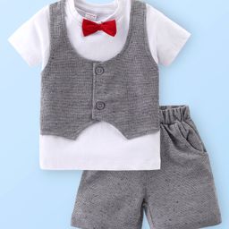 Babyhug Cotton Knit Half Sleeves T-Shirt With Bow &  Attached Waist Coat & Shorts Set - White & Grey-image-89