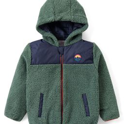 Babyhug Full Sleeves Front Open Hooded Sweatjacket with Cut & Sew Design & Patch Detailing - Green-14