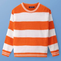 Pine Kids Knitted Full Sleeves Pullover Sweater With Stripes Design - Orange & White-image-33