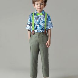 Ollington St. 100% Cotton Full Sleeves Collared Shirt & Twill Pant Set with Bow & Suspender Wild Animals Print -White & Blue-image-67