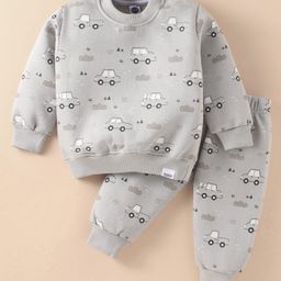 Teddy Fleece Knit Full Sleeves Winter Wear Sweatshirt & Pant Set with Car Print - Grey-image-77