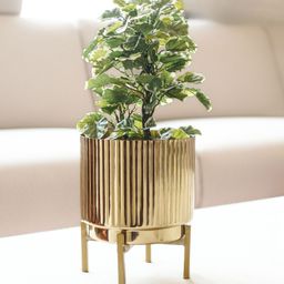 BEHOMA Fluted Metal Indoor Planter with Stand for Table Top & Floor, Small Golden Metal Planter with Stand (Plants not Included).-0