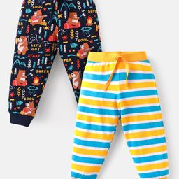 Babyhug Single Jersey Full Length Lounge Pants with Strips & Safari Theme Print Pack of 2 - Yellow & Navy Blue-image-71