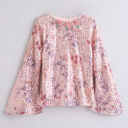 Tiny Girl Full Bell Sleeves Sequin Embellished Floral Applique Top - Peach-image-20