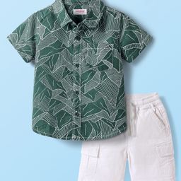 Babyhug Cotton Woven Half Sleeves Shirt & Shorts Set With Leaf Print - Green & White-image-98