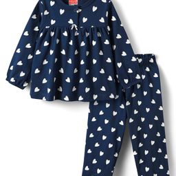Babyhug Cotton Knit Full Sleeves Co-Ord Night Suit with Heart Print - Navy Blue-image-88