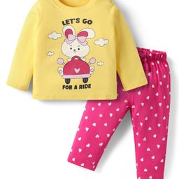Doodle Poodle 100% Cotton Knit Full Sleeves Nightsuit Bunny & Polka Dot Print - Yellow & Dark Pink-picture-36