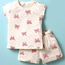 Ollypop Sinker Knit Half Sleeves Shorts Co-Ord Night Suit with Bow Print - White-image-61