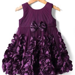 Babyhug Woven Sleeveless Party Dress with Bow & 3D Floral Applique - Purple-image-20