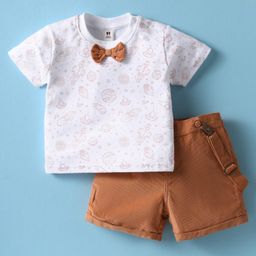 ToffyHouse Interlock Knit Half Sleeves Space Theme Printed T-Shirt & Shorts Set With Bow Applique & Suspender - White & Brown-image-4