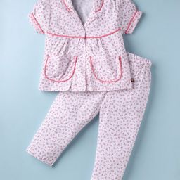 Dew Drops Poplin Woven Half Sleeves Co-ords Night Suit With Floral Print - Pink & White-image-96
