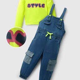 Ollington St. Cotton Full Sleeves Top & Denim Dungaree - Limegreen & Indigo-picture-1