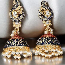 OOMPH Kundan & Pearl Peacock Shaped Meenakari Jhumkas-image-26