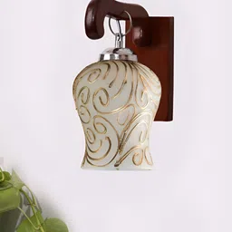 Devansh White & Gold-Toned Textured Bell Shaped Wooden Wall Lamp-image-16