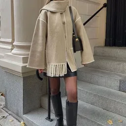 Alamode By Akanksha Beige Cora Oversized Woolen Jacket with Scarf-image-97