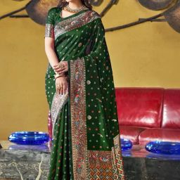 Satrani Green Woven Saree With Unstitched Blouse-image-57