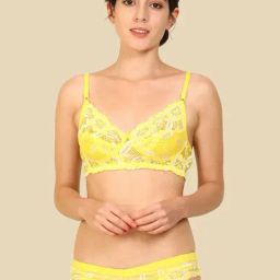 AROUSY Yellow Self Pattern Bra Panty Set-3