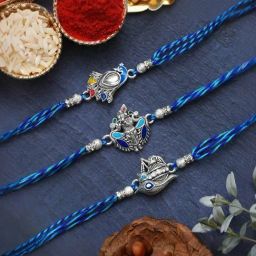 eCraftIndia Set of 3 Multicolor Religious Rakhis with Sibling Agreement & Roli Chawal Pack-4