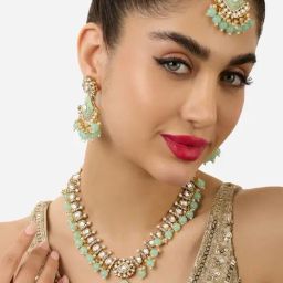 Zaveri Pearls Mint Green Meenakari Kundan Necklace Earring Maangtikka Set-ZPFK17619-15