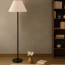 Devansh Off White & Black Wooden & Cotton Frustum Shaped Floor Lamp-picture-34