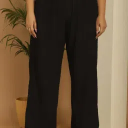 The Rebelinme Black 100% Rayon Solid Relaxed Fit Casualtrousers-image-58